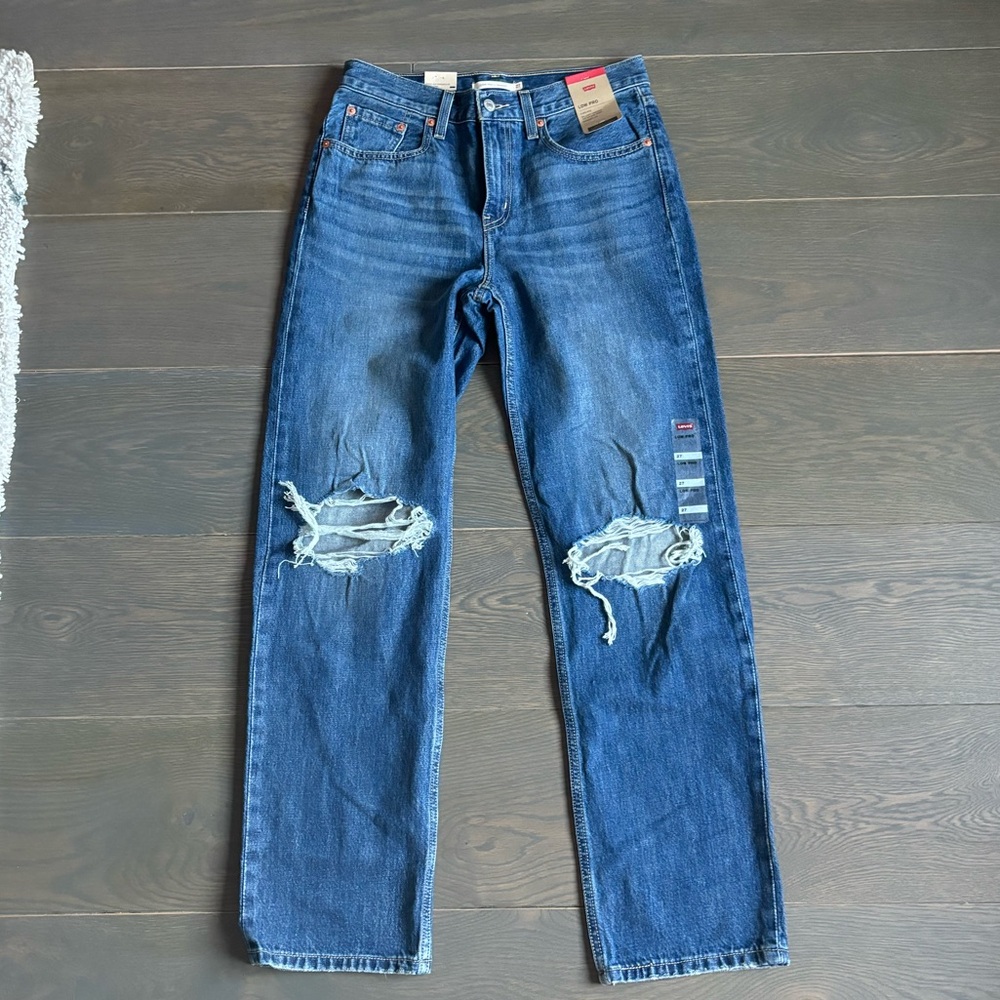 Levi's Low Pro Straight Dark Wash Ripped Knee Jeans